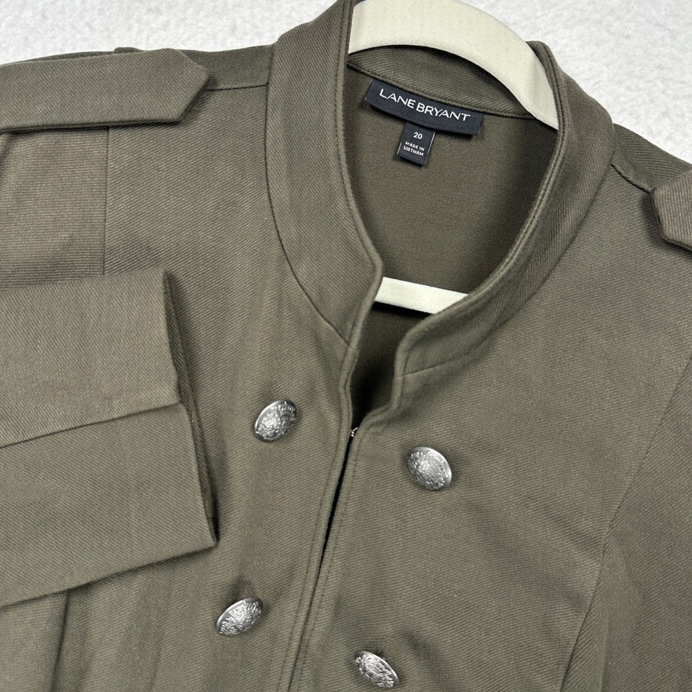 Lane Bryant Military Jacket Women 20 Green Peplum Mandarin Collar Silver Buttons